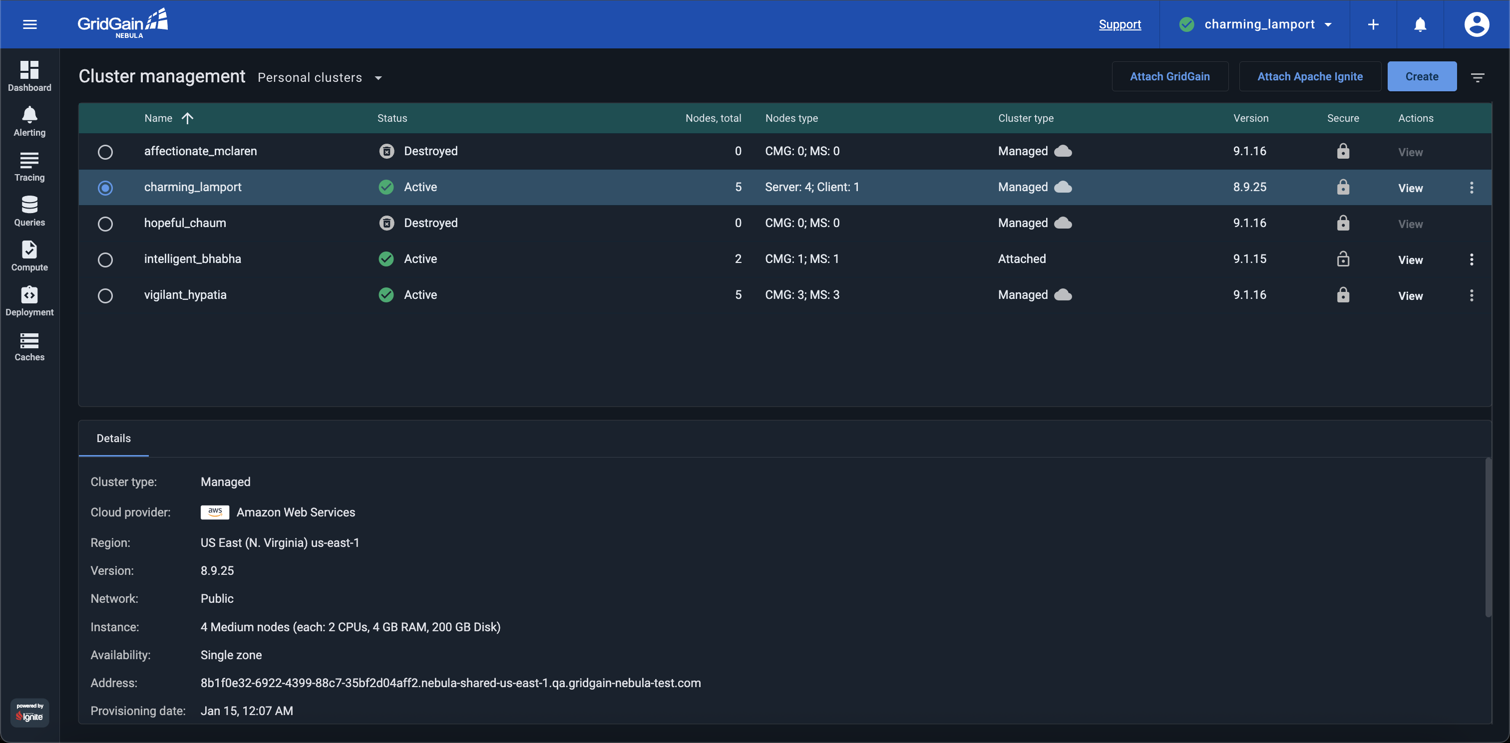 Cluster Management screen