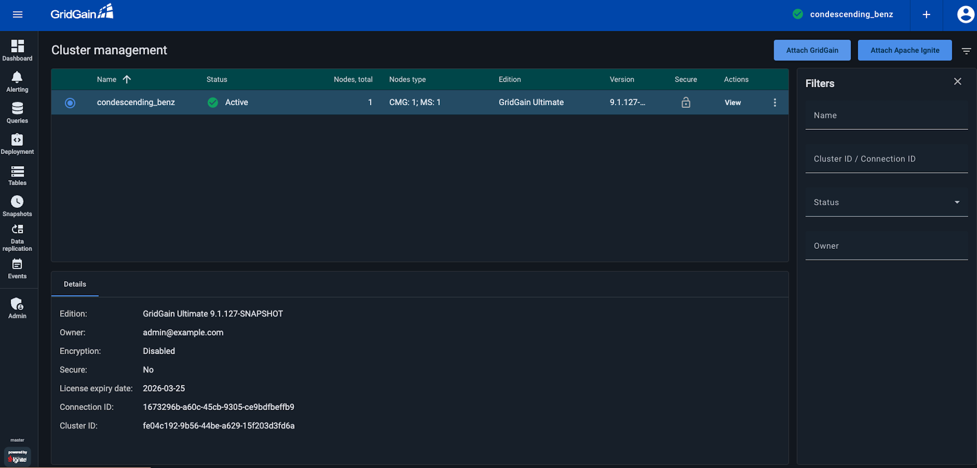 Cluster Management screen