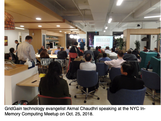 GridGain technology evangelist Akmal Chaudhri speaking at the NYC In-Memory Computing Meetup on Oct. 25, 2018.