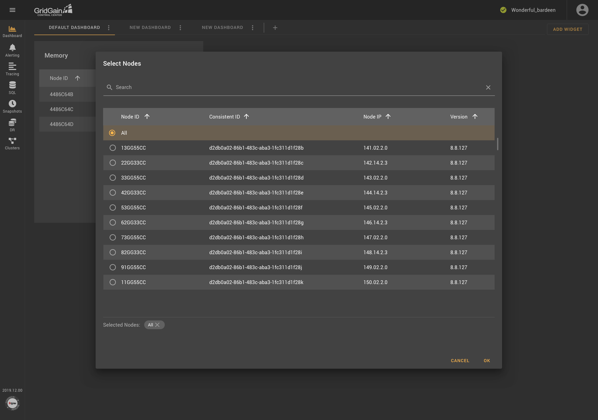 Metric-Selection Component in GridGain Control Center 4