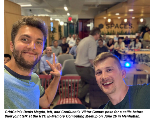 GridGain's Denis Magda, left, and Confluent's Viktor Gamov pose for a selfie before their joint talk at the NYC In-Memory Computing Meetup on June 26 in Manhattan.