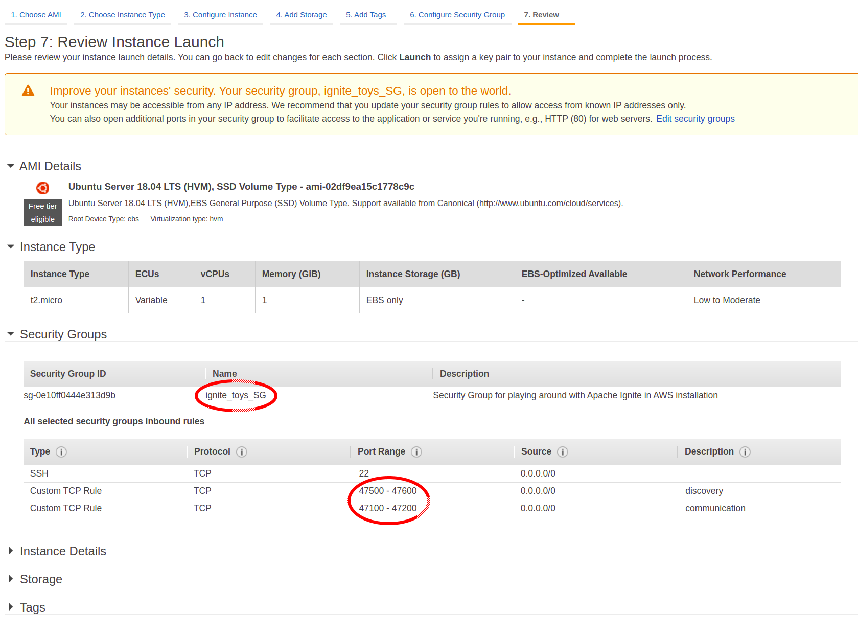 Security group is selected when preparing launch of an AWS instance