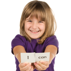 Little girl holding "I can" sign