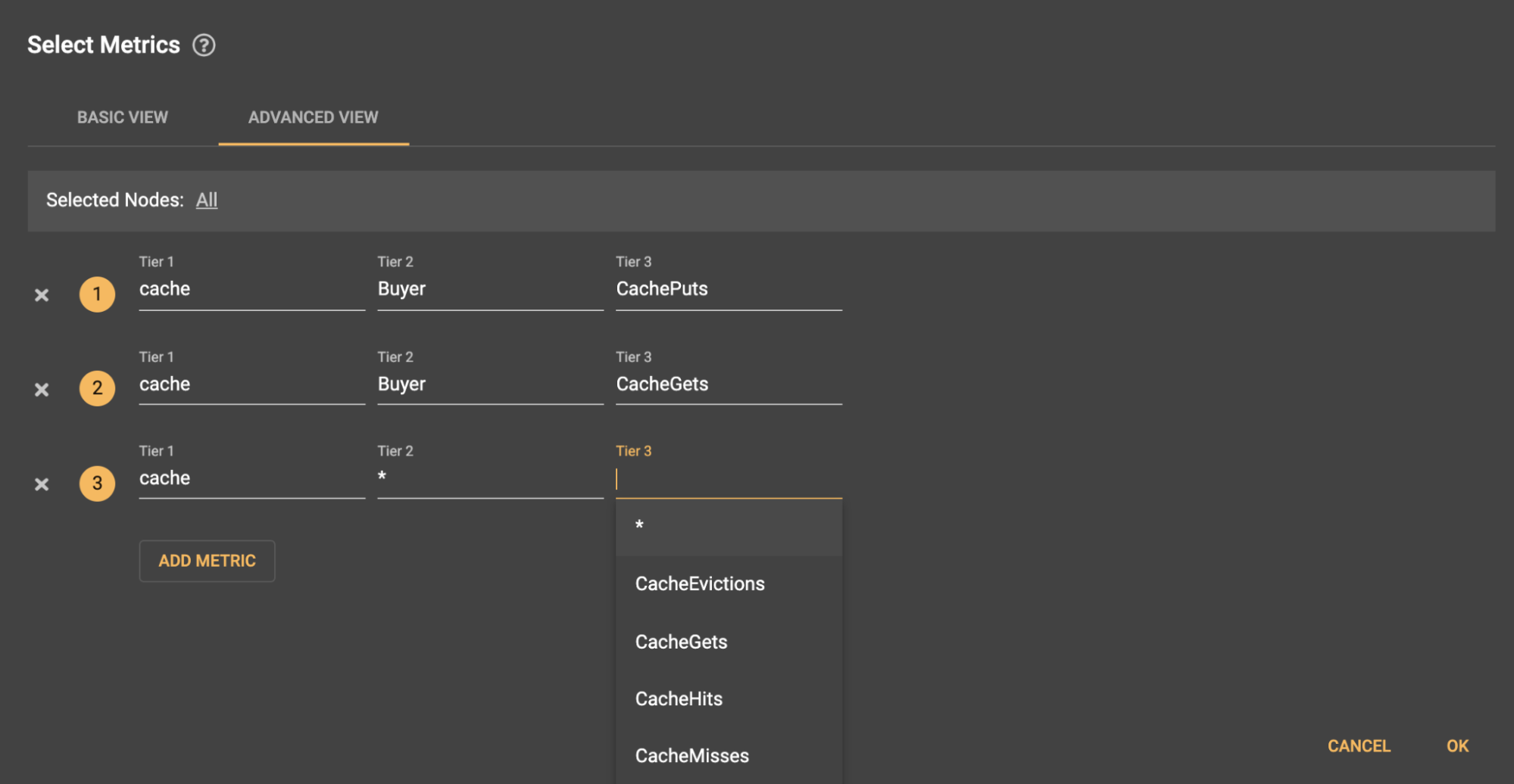 Control Center Advanced Metrics Selection