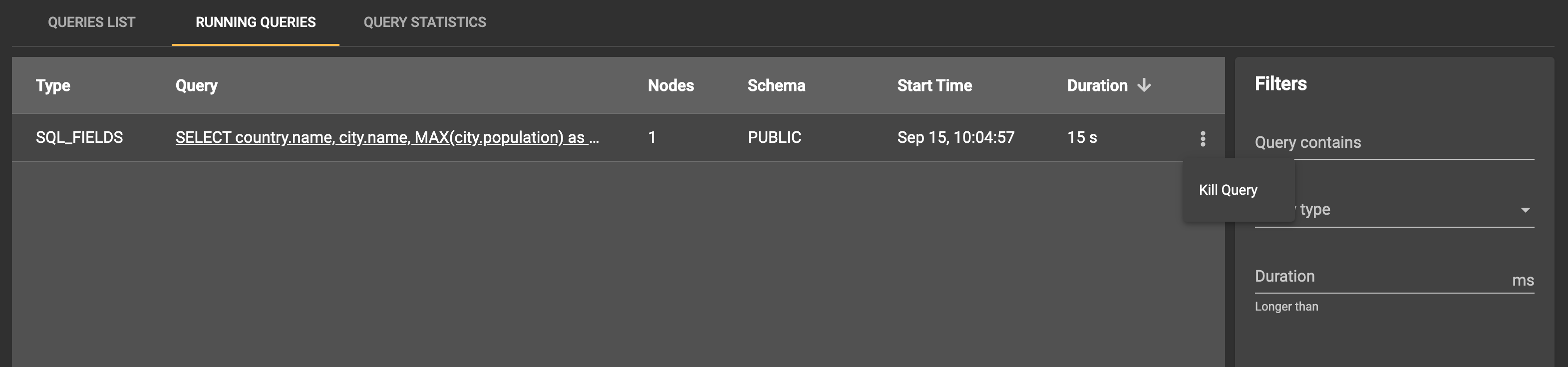 Apache Ignite Monitoring With Control Center - Running Queries